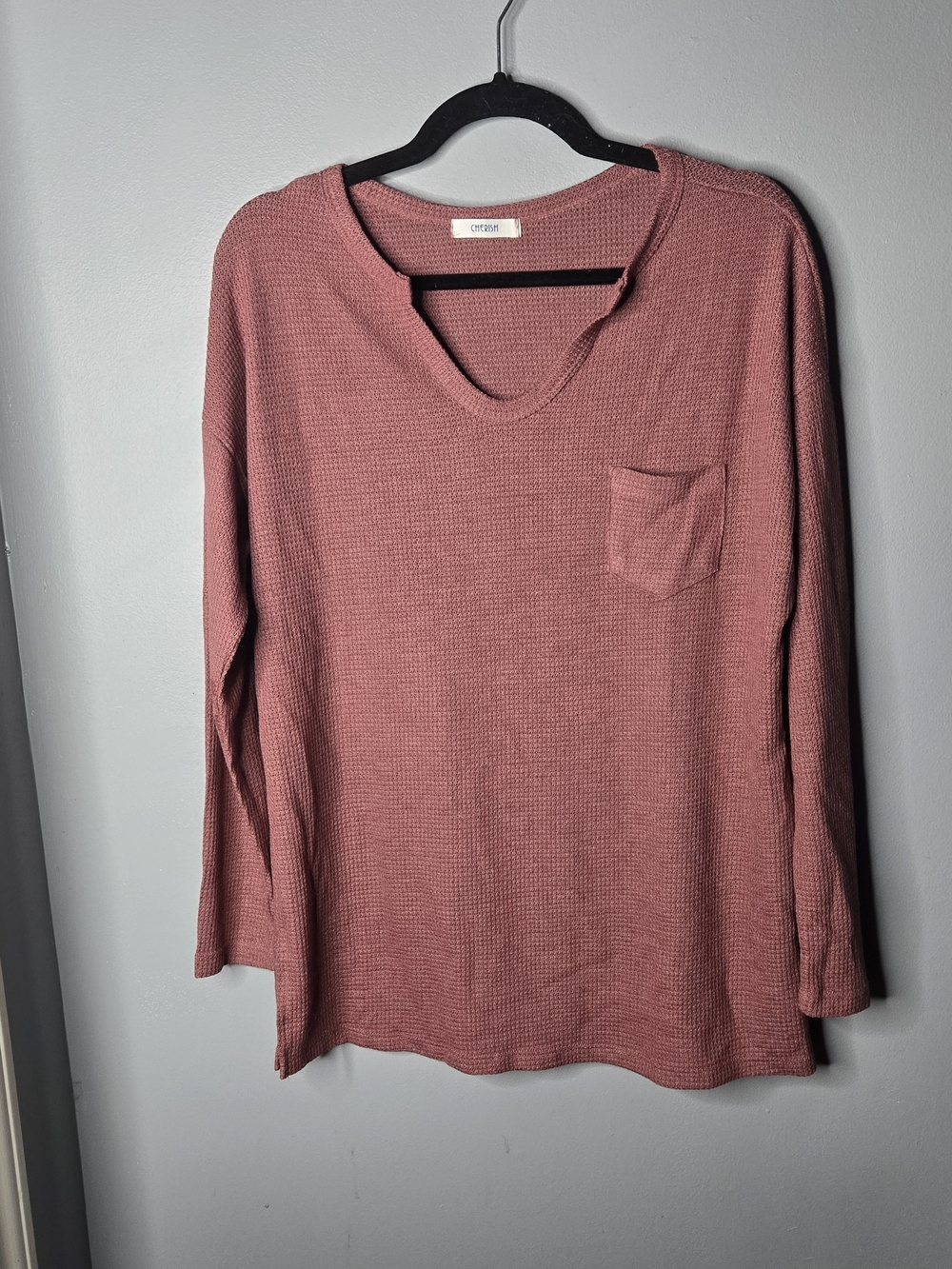 Cherish Dusty Rose Waffle Knit Long Sleeve Pocket Top Large Lightweight